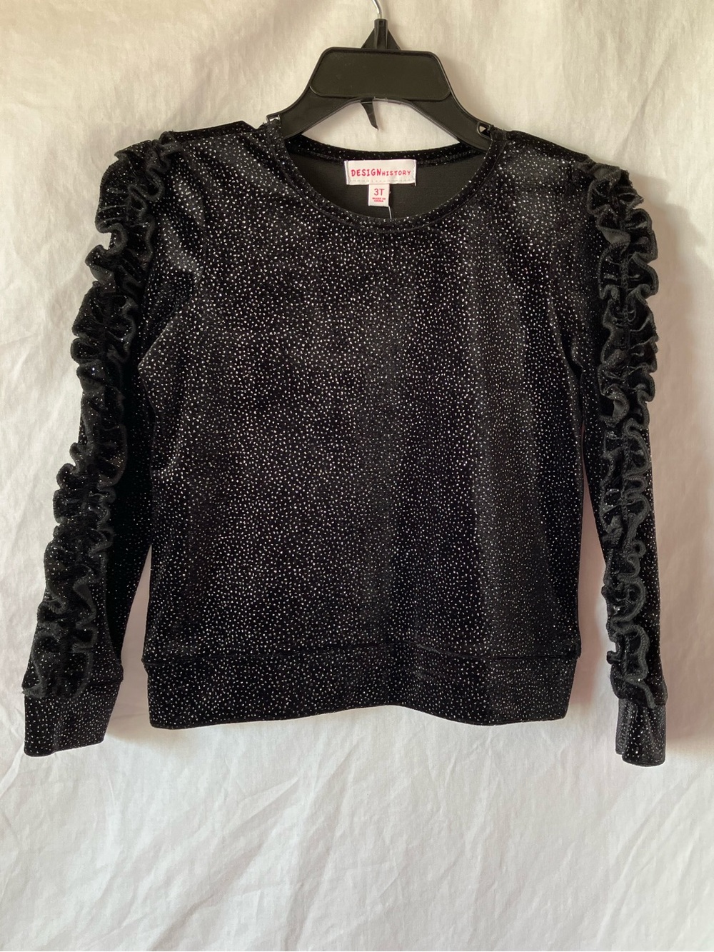 Design History Black Velvet Ruffle Sleeve Sweatshirt Size 3T.